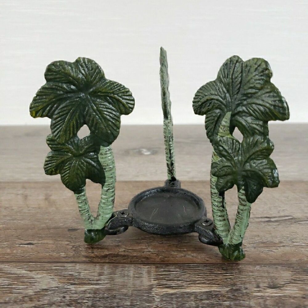Palm Tree Tealight Candle Holder Cast Iron Painted Green Tropical Ornate VTG